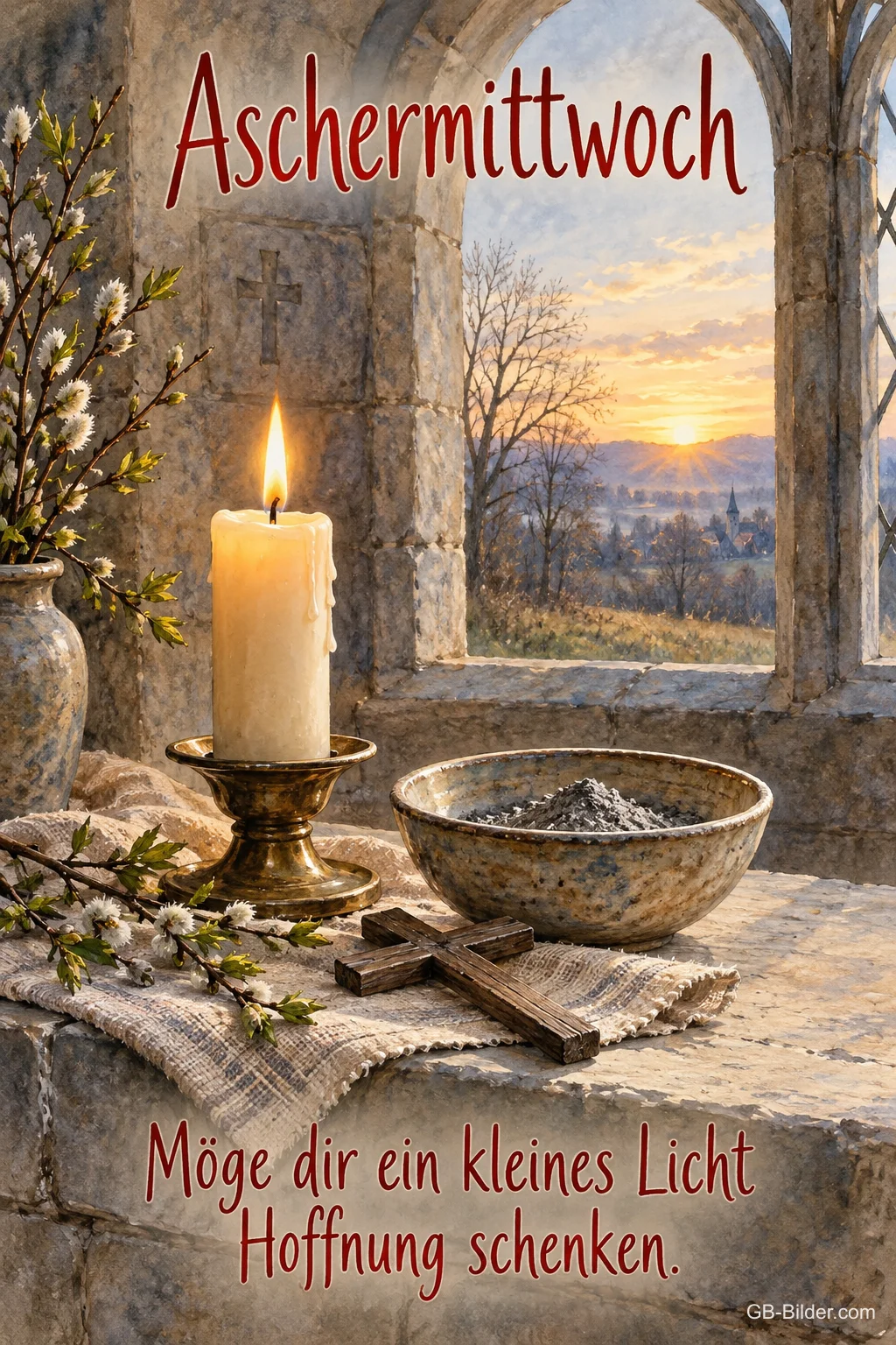 Kerze, Aschenschale und Holzkreuz im Kirchenfenster, Text: Aschermittwoch – Möge dir ein kleines Licht Hoffnung schenken.