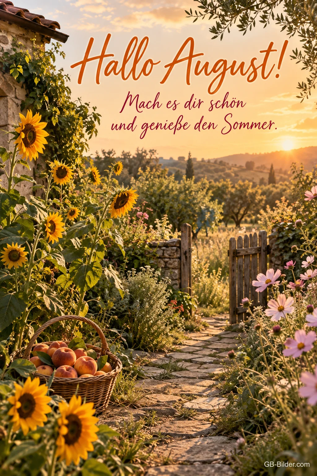 Gartenweg mit Sonnenblumen im Abendlicht, Text: Hallo August! Mach es dir schön und genieße den Sommer. Gartenweg mit Sonnenblumen im Abendlicht, Text: Hallo August! Mach es dir schön und genieße den Sommer.