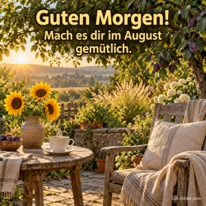 Gartentisch mit Kaffee und Sonnenblumen, Text: Guten Morgen! Mach es dir im August gemütlich.