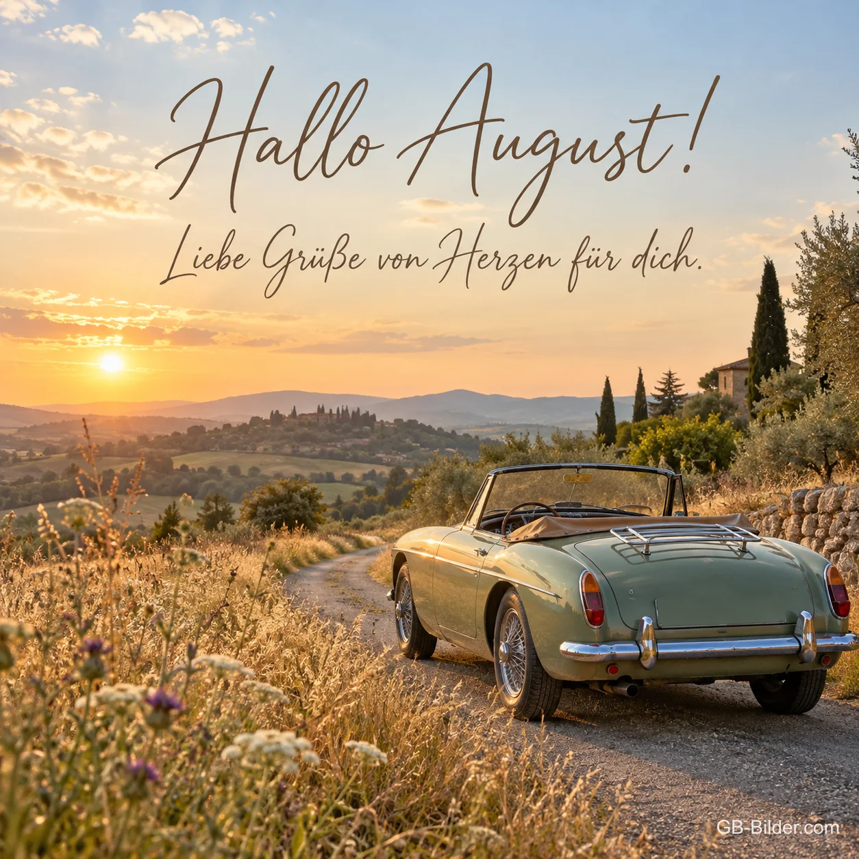 Oldtimer-Cabrio in sommerlicher Landschaft, Text: Hallo August! Liebe Grüße von Herzen für dich. Oldtimer-Cabrio in sommerlicher Landschaft, Text: Hallo August! Liebe Grüße von Herzen für dich.