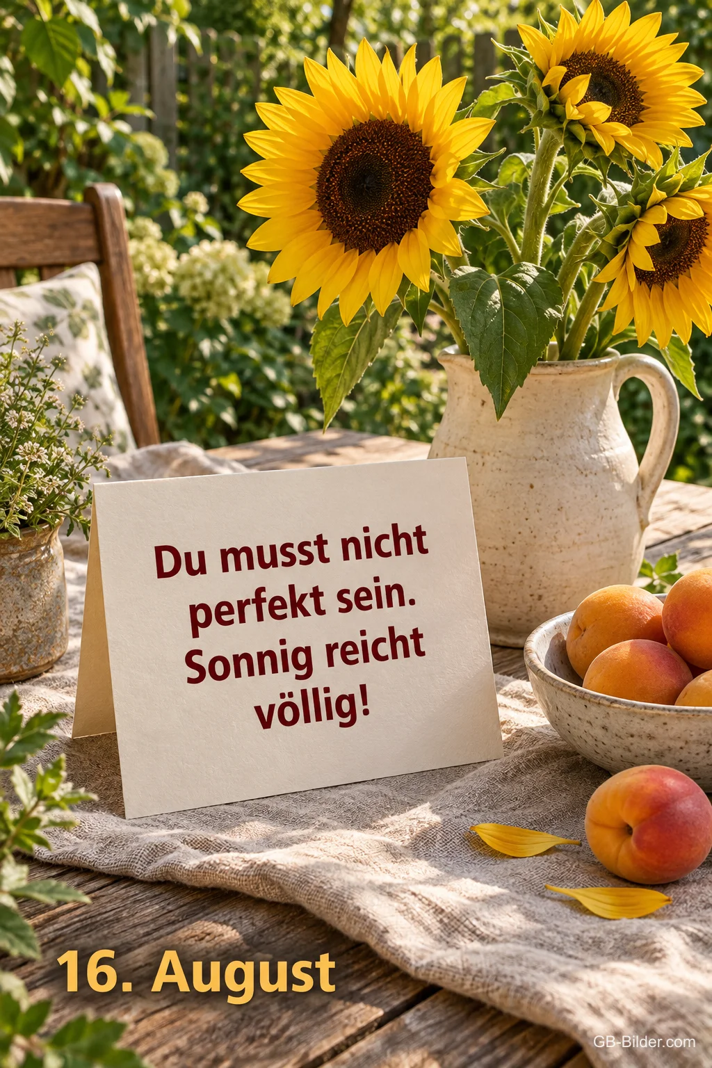 Karte neben Sonnenblumen und Aprikosen, Text: Du musst nicht perfekt sein. Sonnig reicht völlig! Karte neben Sonnenblumen und Aprikosen, Text: Du musst nicht perfekt sein. Sonnig reicht völlig!