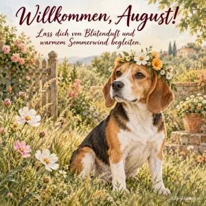 Beagle mit Blumenkranz auf einer Wiese, Text: Willkommen, August!