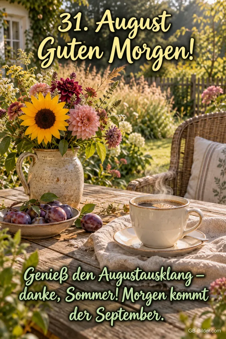 Gartentisch mit Kaffee und Blumen, Text: 31. August – Guten Morgen! Danke, Sommer!