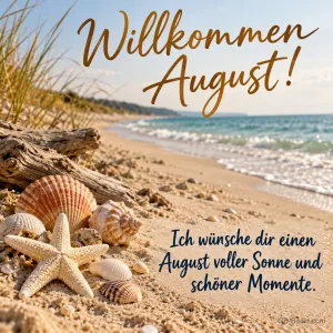 Muscheln und Seesterne am Strand, Text: Willkommen August!