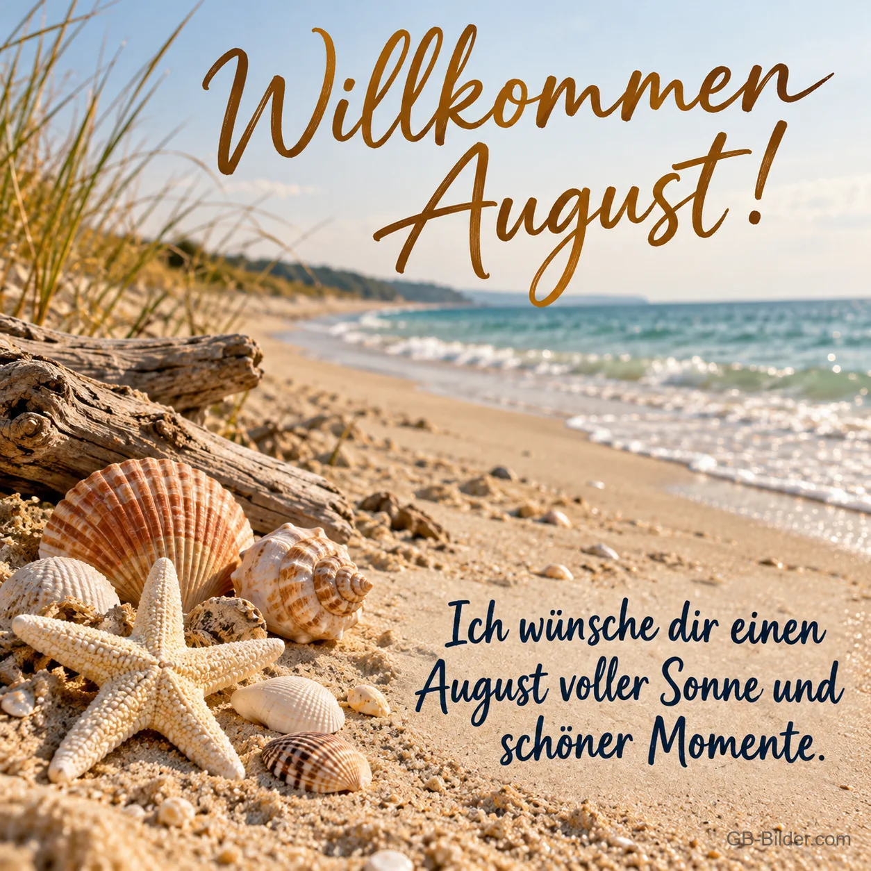 Muscheln und Seesterne am Strand, Text: Willkommen August! Muscheln und Seesterne am Strand, Text: Willkommen August!