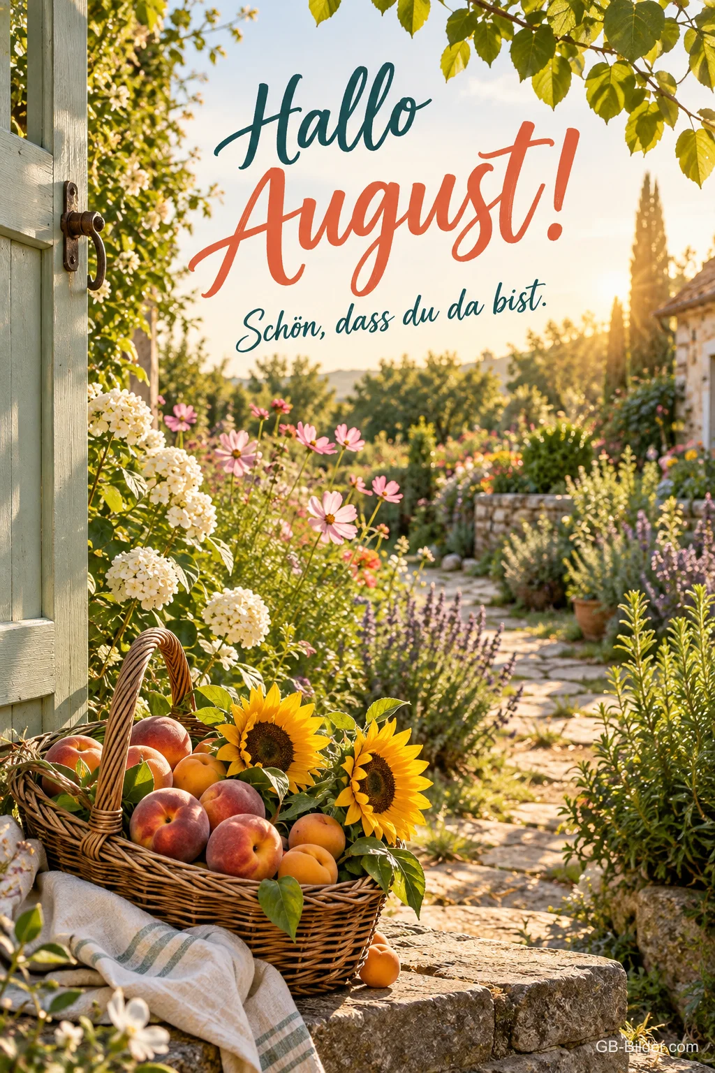 Korb mit Pfirsichen an einem Gartenweg, Text: Hallo August! Schön, dass du da bist. Korb mit Pfirsichen an einem Gartenweg, Text: Hallo August! Schön, dass du da bist.