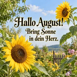 Sonnenblumen vor sommerlicher Landschaft, Text: Hallo August! Bring Sonne in dein Herz.