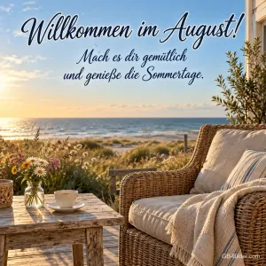 Korbsessel auf einer Terrasse am Meer, Text: Willkommen im August!