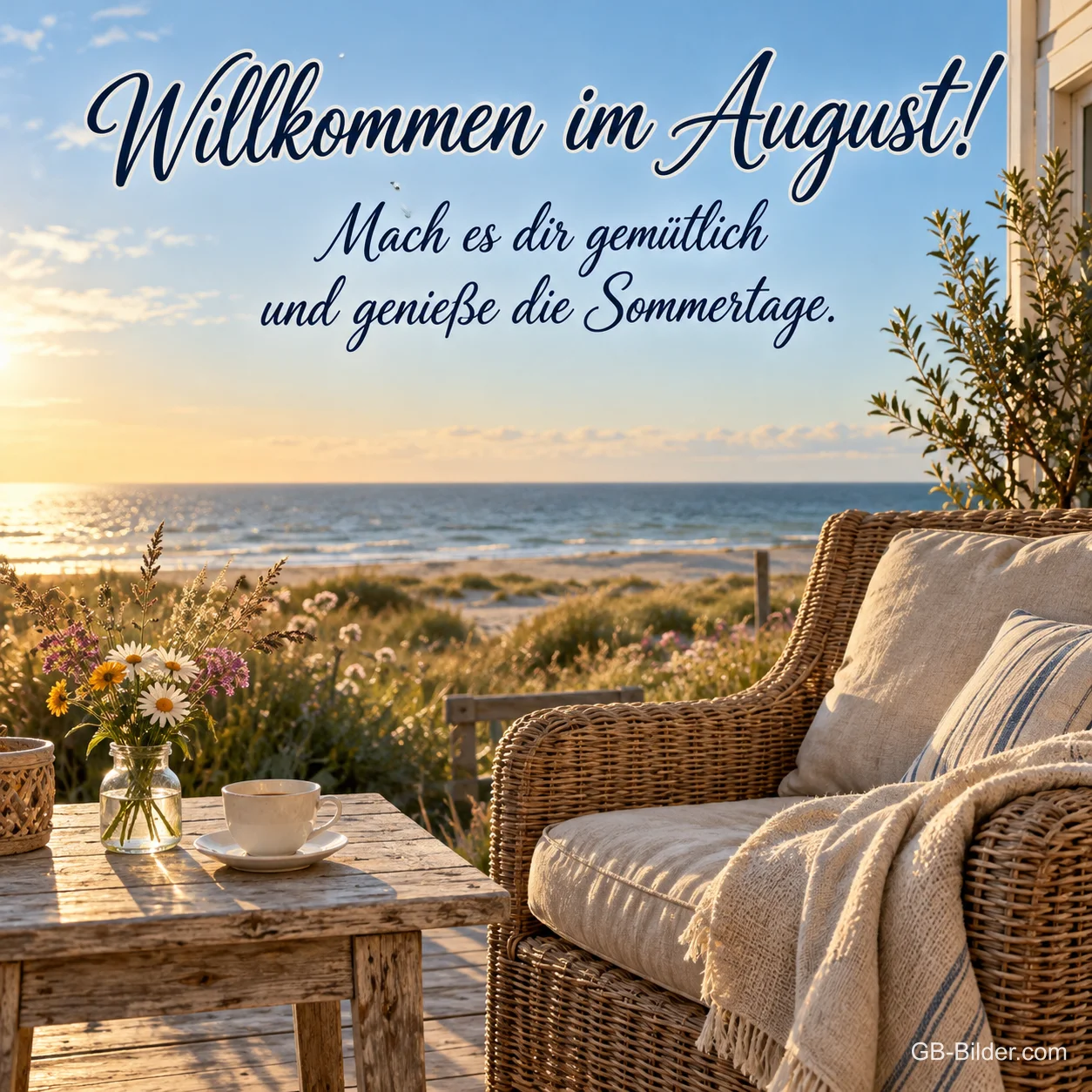 Korbsessel auf einer Terrasse am Meer, Text: Willkommen im August! Korbsessel auf einer Terrasse am Meer, Text: Willkommen im August!