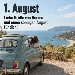 Frau im Kleinwagen an einer Küste, Text: 1. August – Liebe Grüße von Herzen