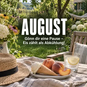 Strohhut, Eis und Pfirsiche im Garten, Text: August – Gönn dir eine Pause – Eis zählt als Abkühlung!