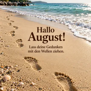 Fußspuren am Strand, Text: Hallo August! Lass deine Gedanken mit den Wellen ziehen.