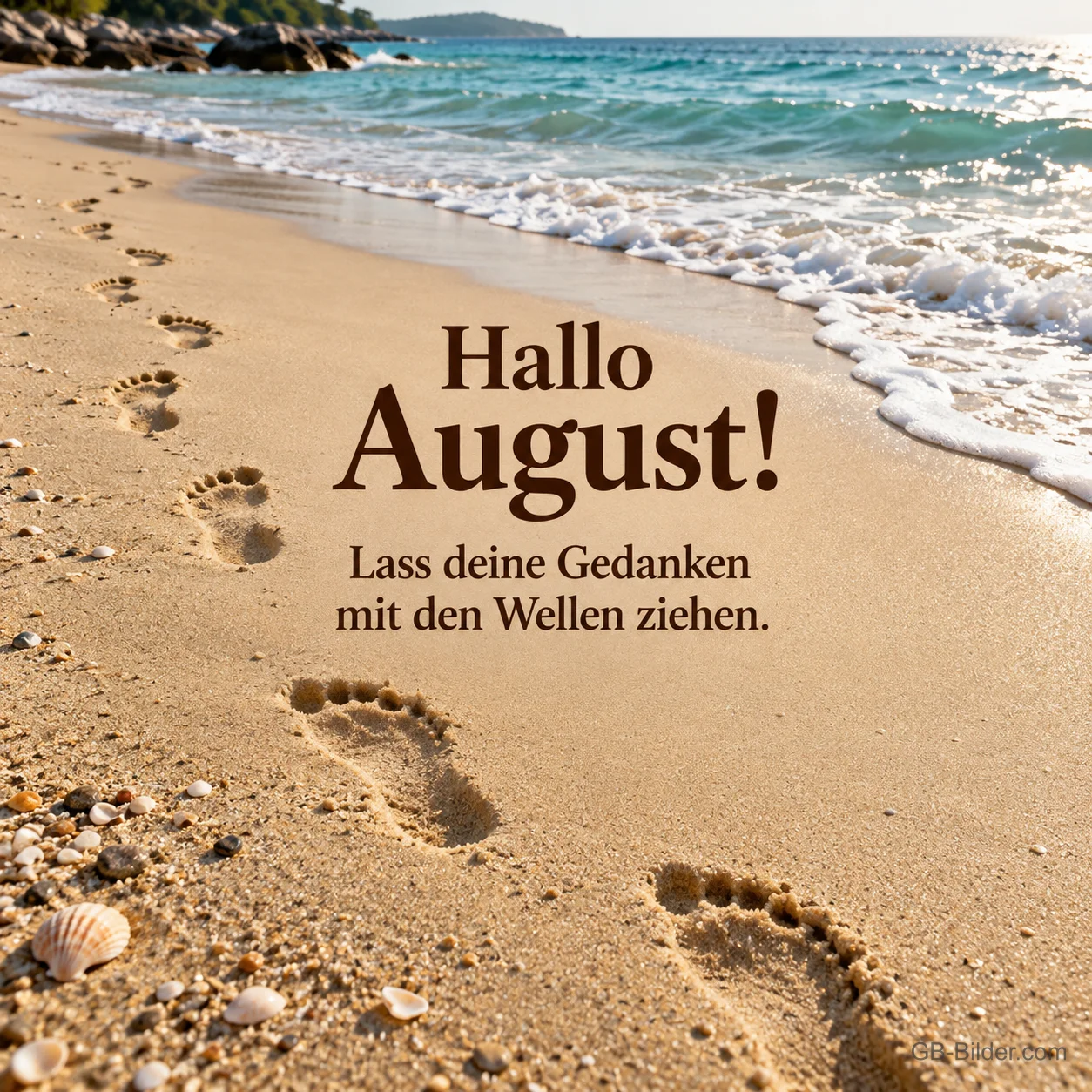 Fußspuren am Strand, Text: Hallo August! Lass deine Gedanken mit den Wellen ziehen. Fußspuren am Strand, Text: Hallo August! Lass deine Gedanken mit den Wellen ziehen.