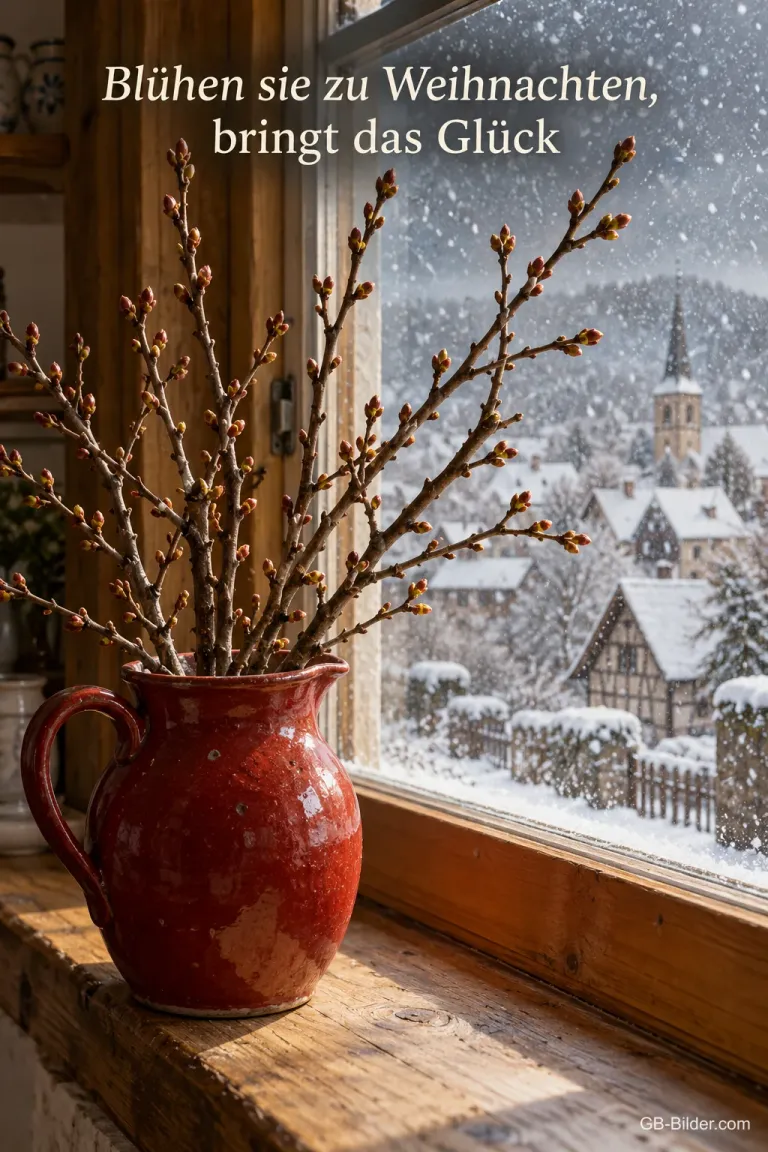 Kirschzweige stehen in einem roten Krug am Fenster, draußen schneit es über einem Dorf, Text: Blühen sie zu Weihnachten, bringt das Glück