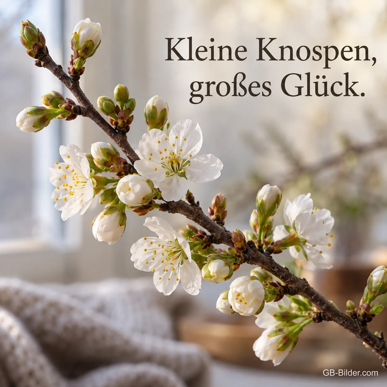 Kirschknospen öffnen sich im weichen Winterlicht zu weißen Blüten, Text: Kleine Knospen, großes Glück Kirschknospen öffnen sich im weichen Winterlicht zu weißen Blüten, Text: Kleine Knospen, großes Glück