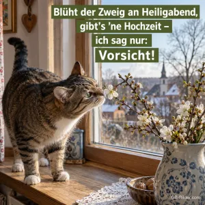 Eine neugierige Tigerkatze schnuppert an einer Vase mit blühenden Kirschzweigen auf der Fensterbank, Text: Blüht der Zweig an Heiligabend, gibt’s ’ne Hochzeit – ich sag nur: Vorsicht!