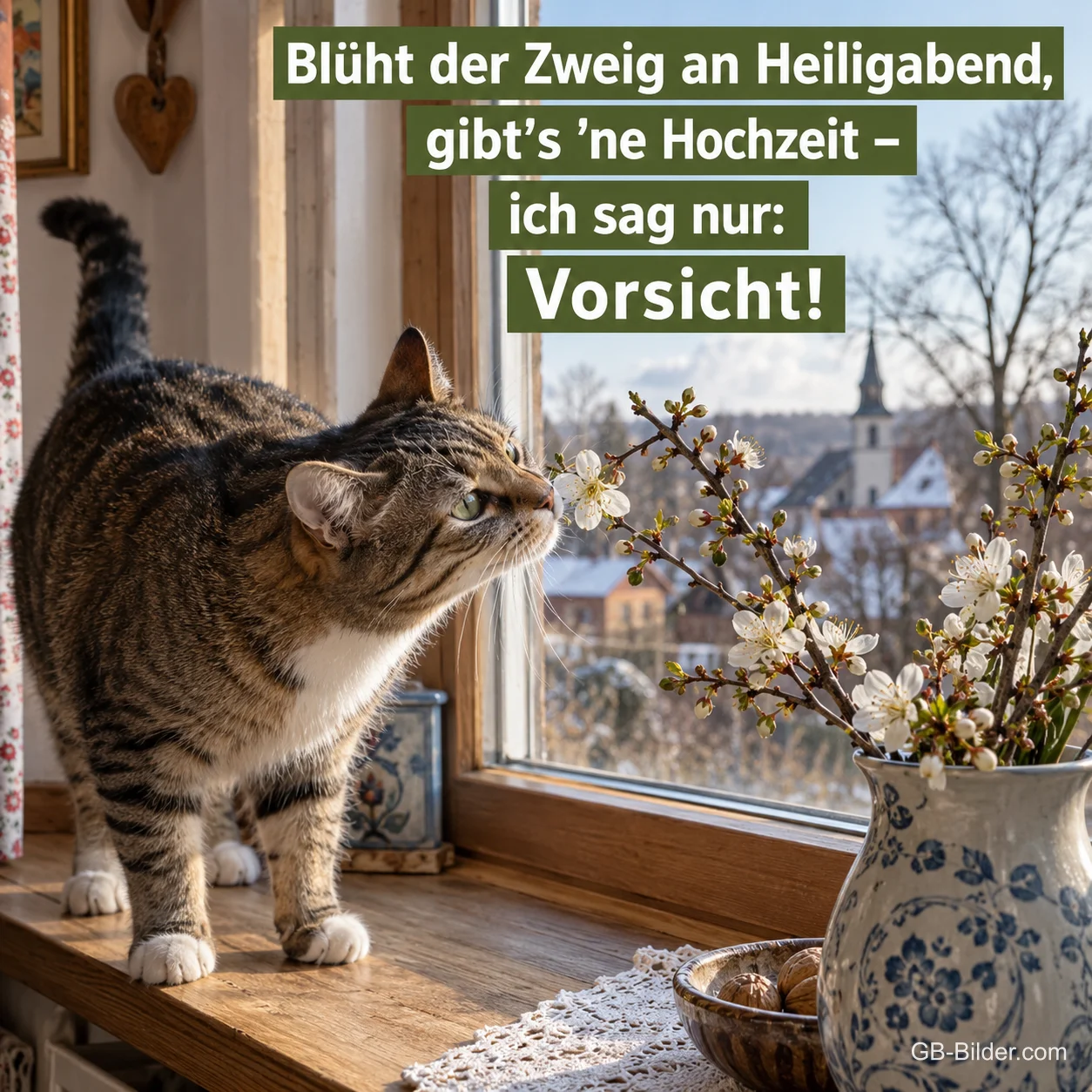 Eine neugierige Tigerkatze schnuppert an einer Vase mit blühenden Kirschzweigen auf der Fensterbank, Text: Blüht der Zweig an Heiligabend, gibt’s ’ne Hochzeit – ich sag nur: Vorsicht! Eine neugierige Tigerkatze schnuppert an einer Vase mit blühenden Kirschzweigen auf der Fensterbank, Text: Blüht der Zweig an Heiligabend, gibt’s ’ne Hochzeit – ich sag nur: Vorsicht!