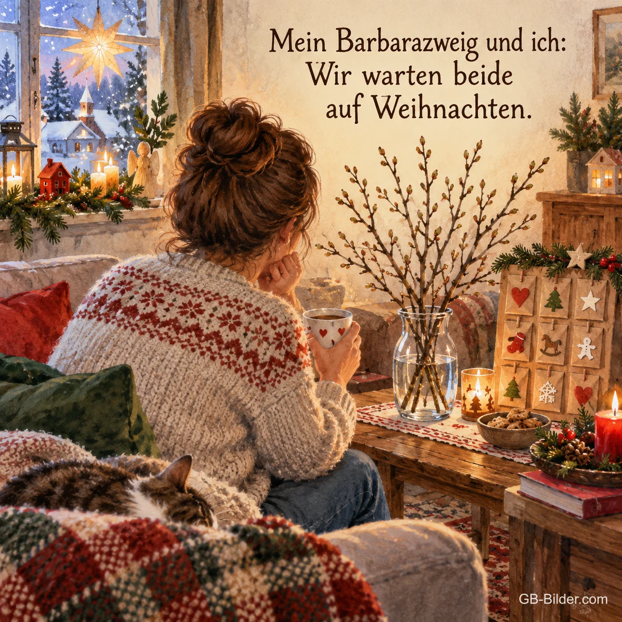 Eine Frau sitzt mit Tee auf dem Sofa und schaut auf kahle Zweige in einer Vase neben einem Adventskalender, Text: Mein Barbarazweig und ich: Wir warten beide auf Weihnachten. Eine Frau sitzt mit Tee auf dem Sofa und schaut auf kahle Zweige in einer Vase neben einem Adventskalender, Text: Mein Barbarazweig und ich: Wir warten beide auf Weihnachten.