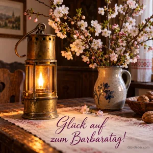 Eine alte Grubenlampe leuchtet neben einem Krug mit blühenden Kirschzweigen auf einem Holztisch, Text: Glück auf zum Barbaratag!