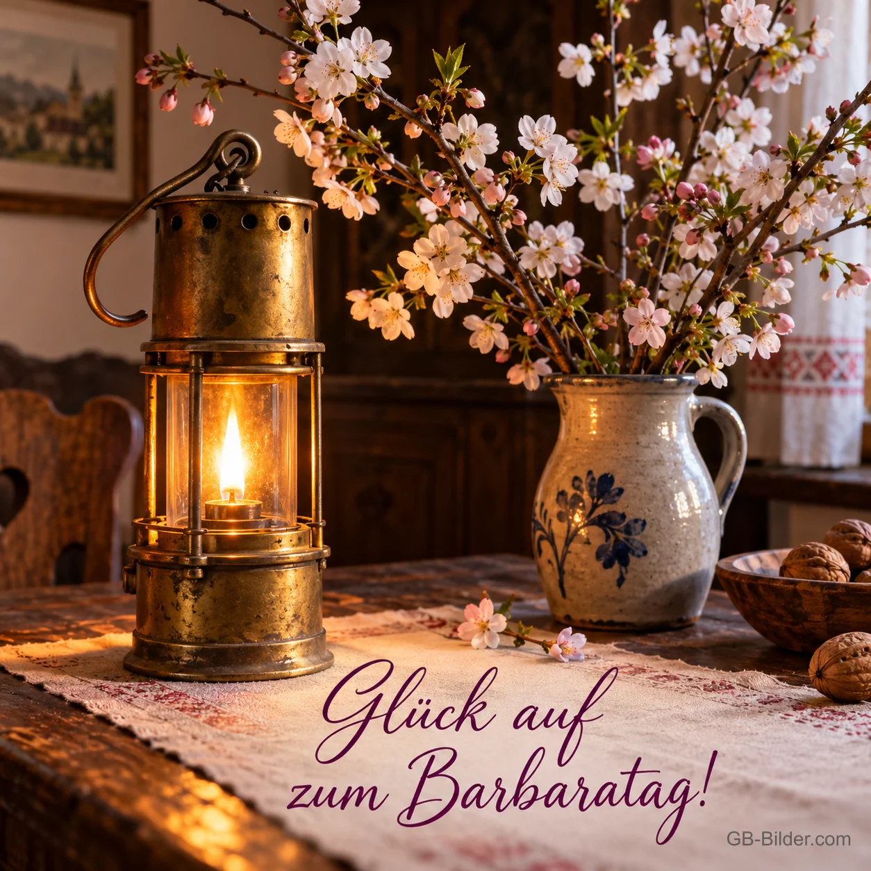Eine alte Grubenlampe leuchtet neben einem Krug mit blühenden Kirschzweigen auf einem Holztisch, Text: Glück auf zum Barbaratag! Eine alte Grubenlampe leuchtet neben einem Krug mit blühenden Kirschzweigen auf einem Holztisch, Text: Glück auf zum Barbaratag!