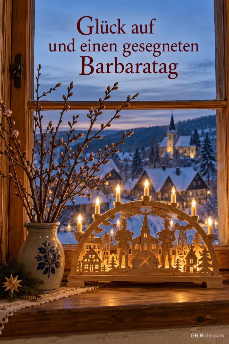 Ein Schwibbogen aus dem Erzgebirge leuchtet im Fenster neben Zweigen in einer Vase, draußen liegt ein verschneites Dorf, Text: Glück auf und einen gesegneten Barbaratag