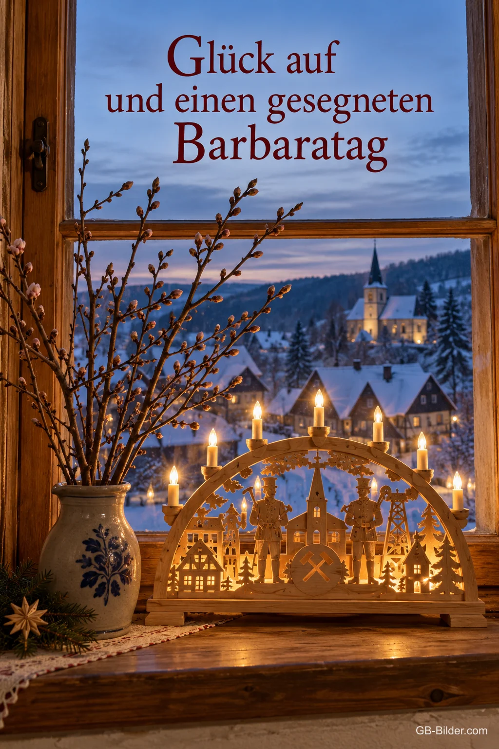 Ein Schwibbogen aus dem Erzgebirge leuchtet im Fenster neben Zweigen in einer Vase, draußen liegt ein verschneites Dorf, Text: Glück auf und einen gesegneten Barbaratag Ein Schwibbogen aus dem Erzgebirge leuchtet im Fenster neben Zweigen in einer Vase, draußen liegt ein verschneites Dorf, Text: Glück auf und einen gesegneten Barbaratag