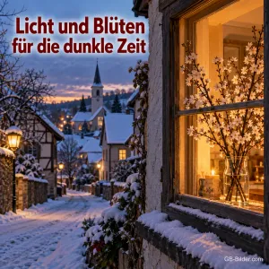 Eine verschneite Dorfstraße in der Dämmerung, im Fenster leuchten blühende Zweige, Text: Licht und Blüten für die dunkle Zeit