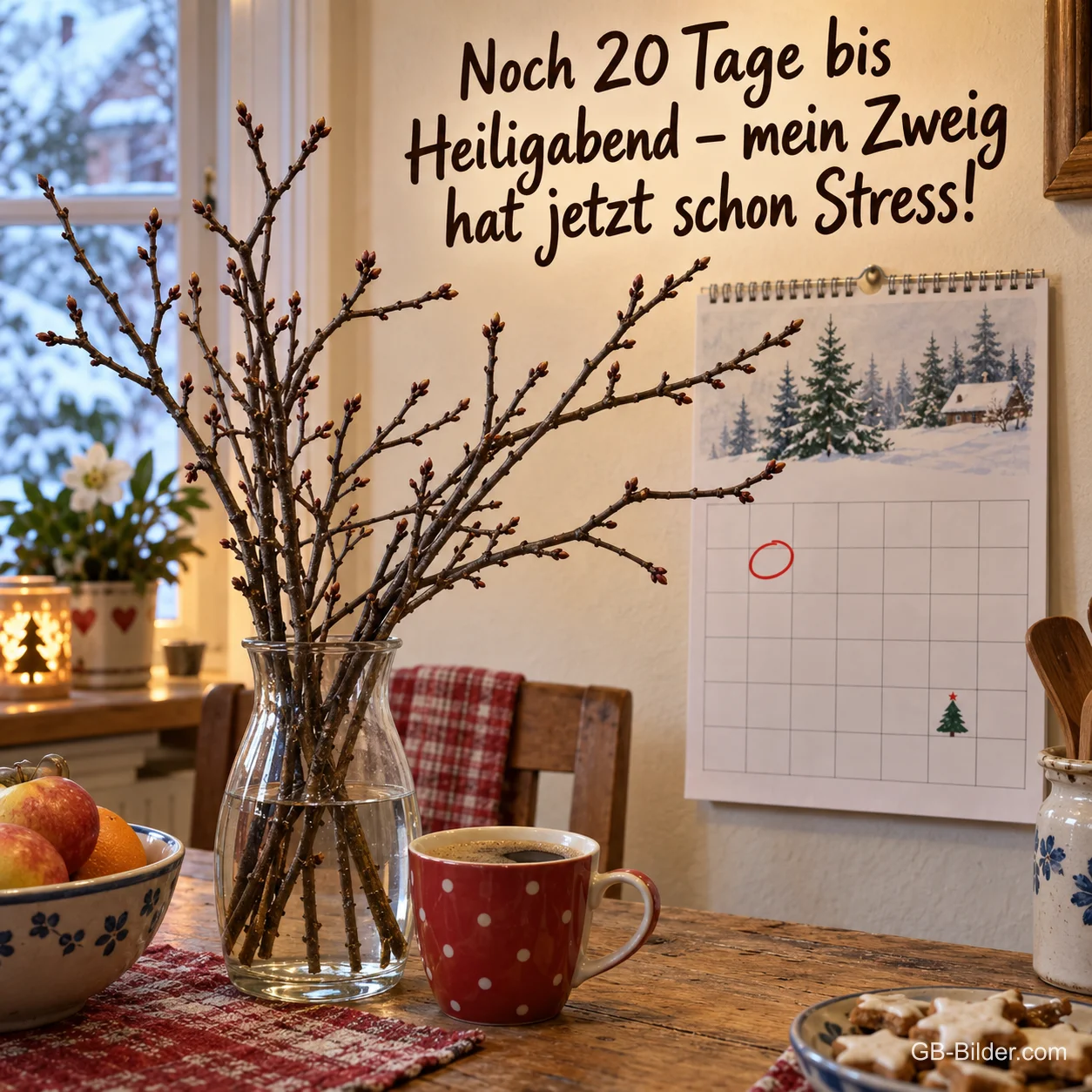 Kahle Kirschzweige stehen in einer Glasvase neben einem Wandkalender und einer Kaffeetasse, Text: Noch 20 Tage bis Heiligabend – mein Zweig hat jetzt schon Stress! Kahle Kirschzweige stehen in einer Glasvase neben einem Wandkalender und einer Kaffeetasse, Text: Noch 20 Tage bis Heiligabend – mein Zweig hat jetzt schon Stress!