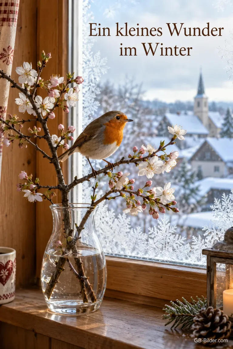 Ein Rotkehlchen sitzt auf einem blühenden Kirschzweig in einer Vase vor einem frostigen Fenster, Text: Ein kleines Wunder im Winter