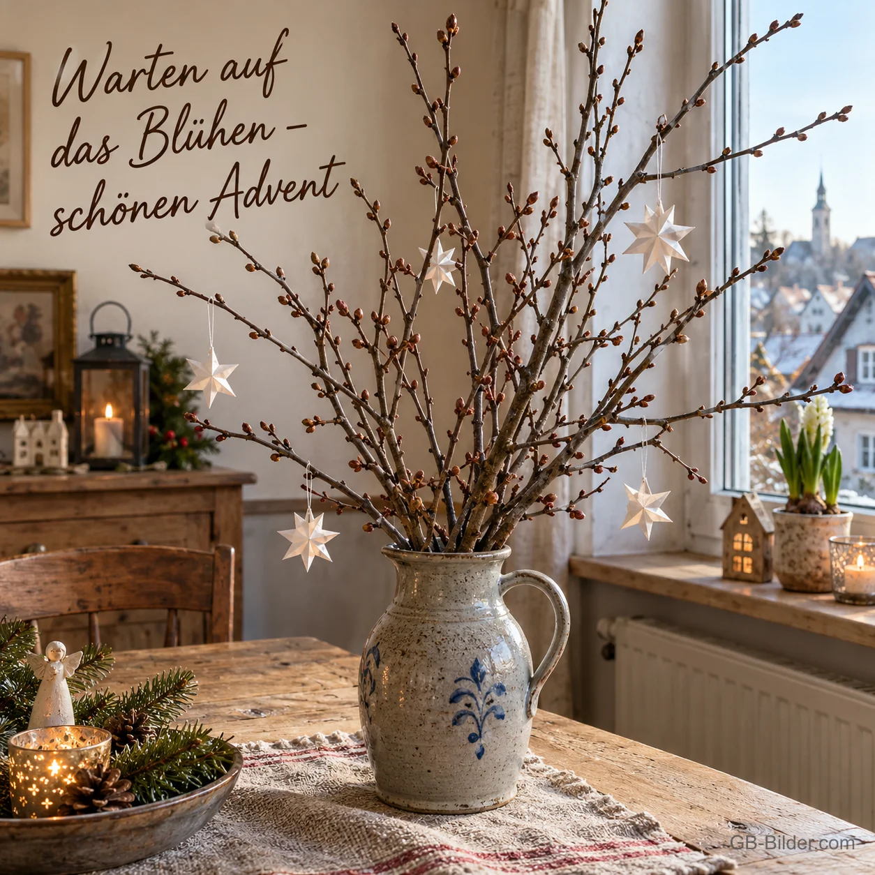 Kahle Kirschzweige mit kleinen weißen Papiersternen stehen in einem Steinkrug in der Stube, Text: Warten auf das Blühen – schönen Advent Kahle Kirschzweige mit kleinen weißen Papiersternen stehen in einem Steinkrug in der Stube, Text: Warten auf das Blühen – schönen Advent