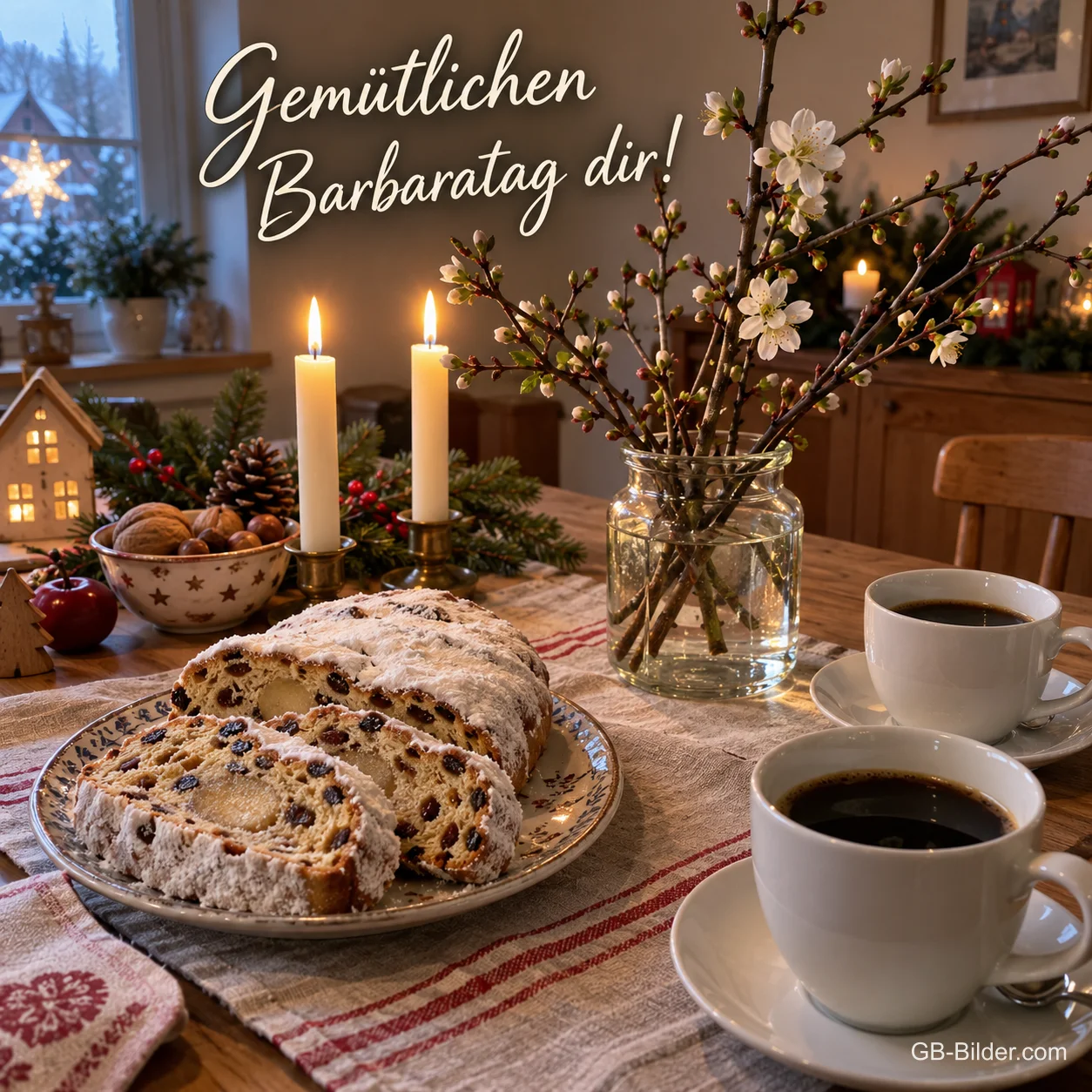 Ein Adventskaffeetisch mit Stollen, Kaffee, Kerzen und blühenden Kirschzweigen, Text: Gemütlichen Barbaratag dir!