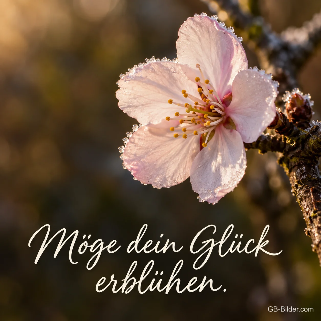 Eine einzelne rosa-weiße Kirschblüte mit feinen Eiskristallen in Nahaufnahme, Text: Möge dein Glück erblühen Eine einzelne rosa-weiße Kirschblüte mit feinen Eiskristallen in Nahaufnahme, Text: Möge dein Glück erblühen