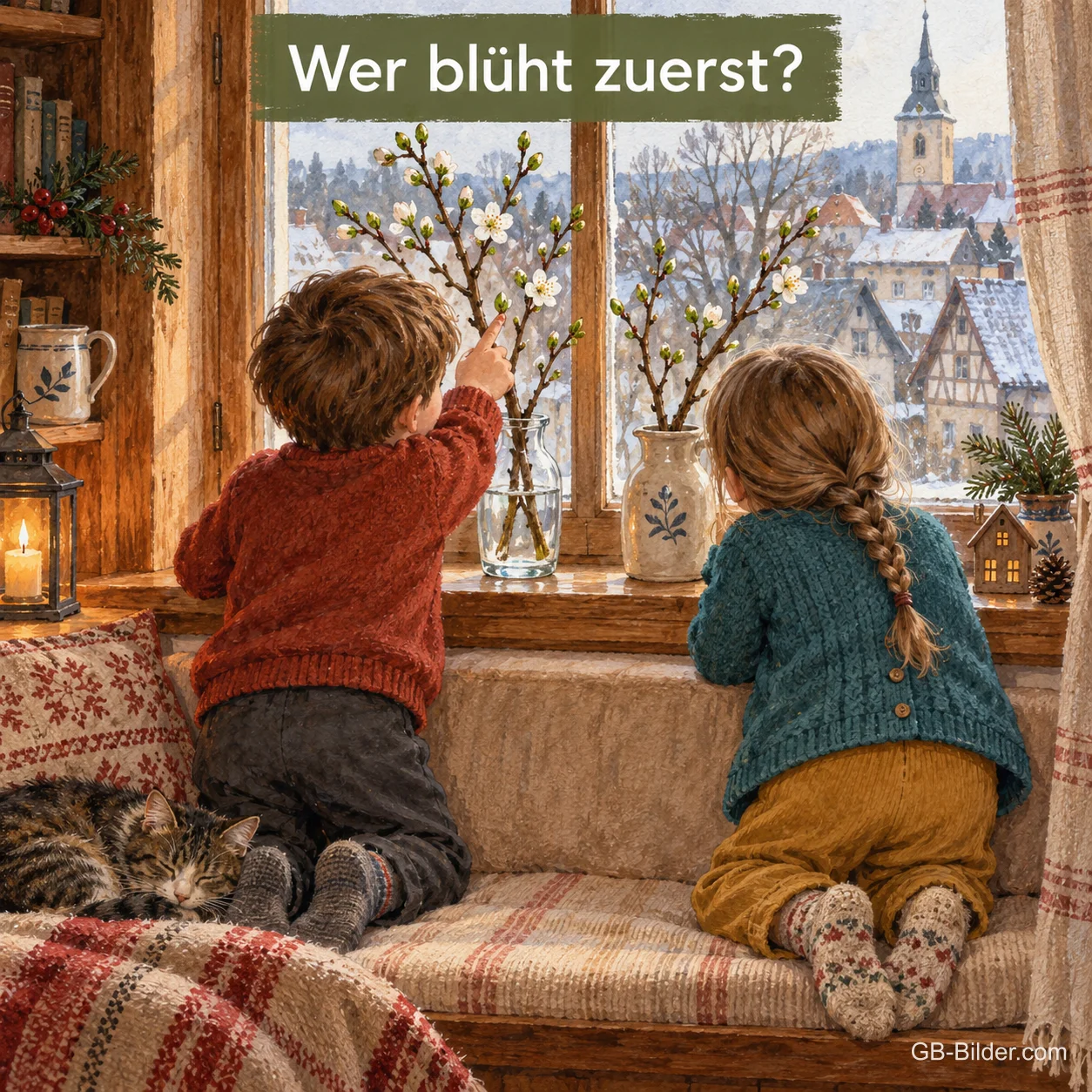 Zwei Kinder knien am Fenster und beobachten gespannt die Kirschzweige in den Vasen, Text: Wer blüht zuerst? Zwei Kinder knien am Fenster und beobachten gespannt die Kirschzweige in den Vasen, Text: Wer blüht zuerst?