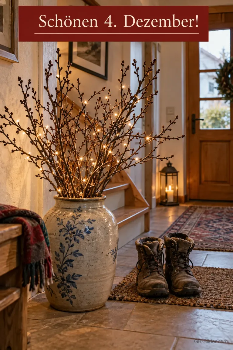 Eine große Vase mit Zweigen und Lichterkette steht im Flur neben einem Paar Winterstiefel, Text: Schönen 4. Dezember!