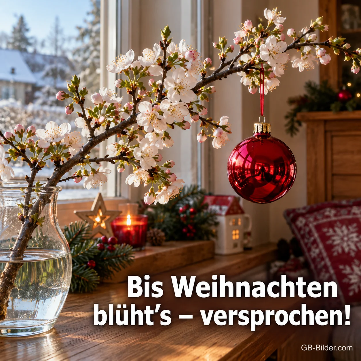 Ein blühender Kirschzweig mit einer roten Christbaumkugel steht am Fenster in einer Glasvase, Text: Bis Weihnachten blüht’s – versprochen! Ein blühender Kirschzweig mit einer roten Christbaumkugel steht am Fenster in einer Glasvase, Text: Bis Weihnachten blüht’s – versprochen!