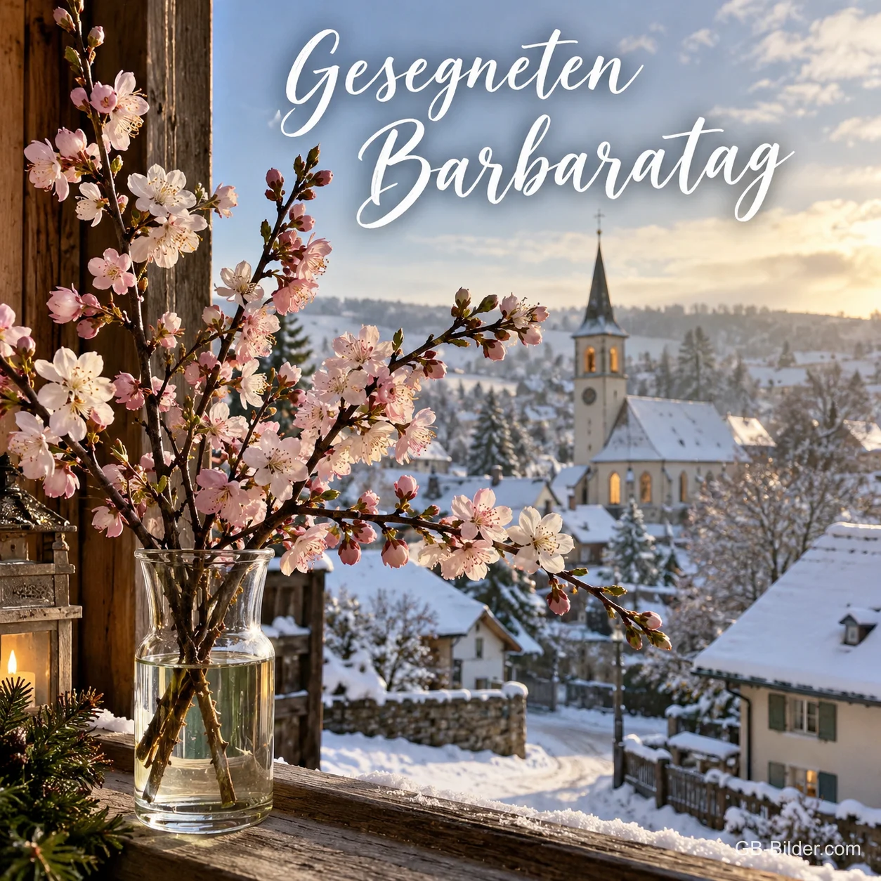 Blühende Kirschzweige stehen am Fenster, dahinter liegt ein verschneites Dorf mit Kirche, Text: Gesegneten Barbaratag Blühende Kirschzweige stehen am Fenster, dahinter liegt ein verschneites Dorf mit Kirche, Text: Gesegneten Barbaratag
