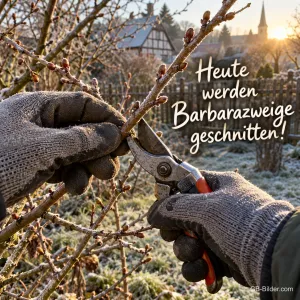 Hände in Arbeitshandschuhen schneiden im frostigen Garten Kirschzweige mit der Gartenschere, Text: Heute werden Barbarazweige geschnitten!