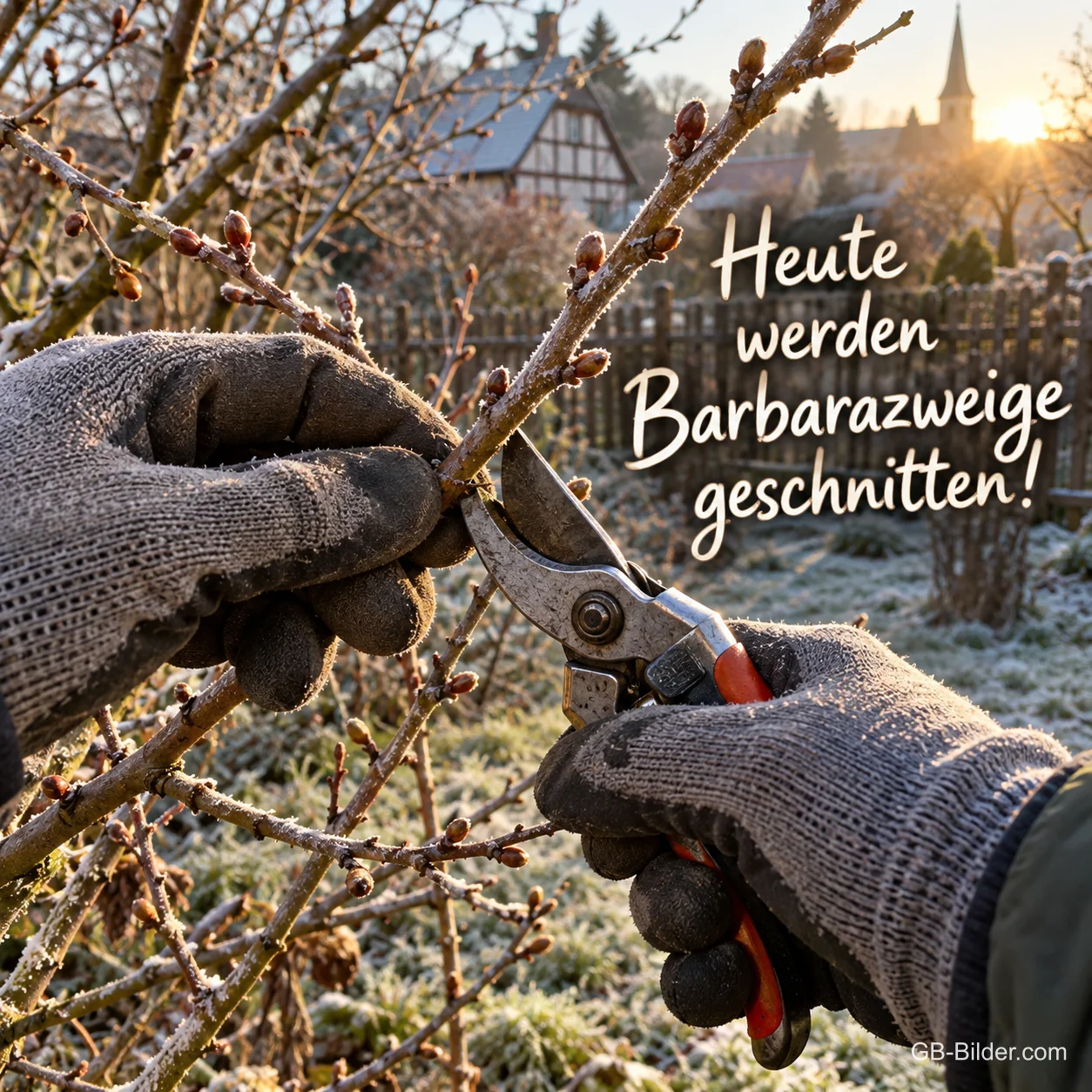 Hände in Arbeitshandschuhen schneiden im frostigen Garten Kirschzweige mit der Gartenschere, Text: Heute werden Barbarazweige geschnitten! Hände in Arbeitshandschuhen schneiden im frostigen Garten Kirschzweige mit der Gartenschere, Text: Heute werden Barbarazweige geschnitten!