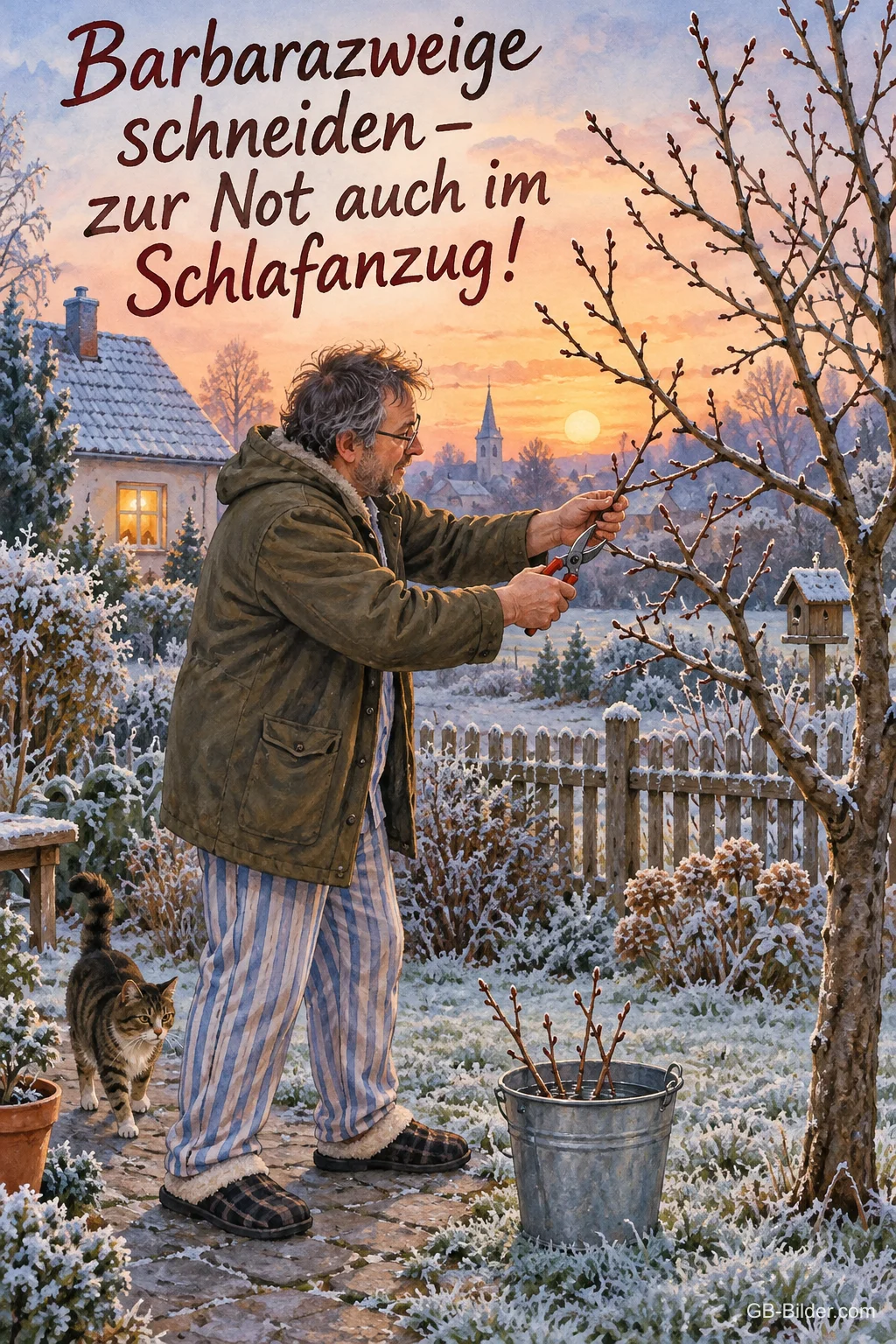 Ein Mann in Schlafanzug, Winterjacke und Pantoffeln schneidet im frostigen Garten Kirschzweige, eine Katze schaut zu, Text: Barbarazweige schneiden – zur Not auch im Schlafanzug! Ein Mann in Schlafanzug, Winterjacke und Pantoffeln schneidet im frostigen Garten Kirschzweige, eine Katze schaut zu, Text: Barbarazweige schneiden – zur Not auch im Schlafanzug!
