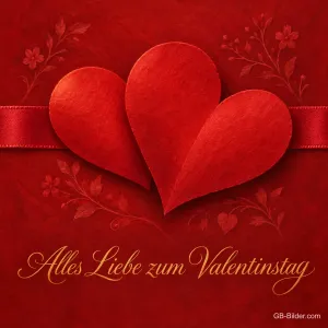 Zwei rote Herzen auf rotem Grund, Text: Alles Liebe zum Valentinstag