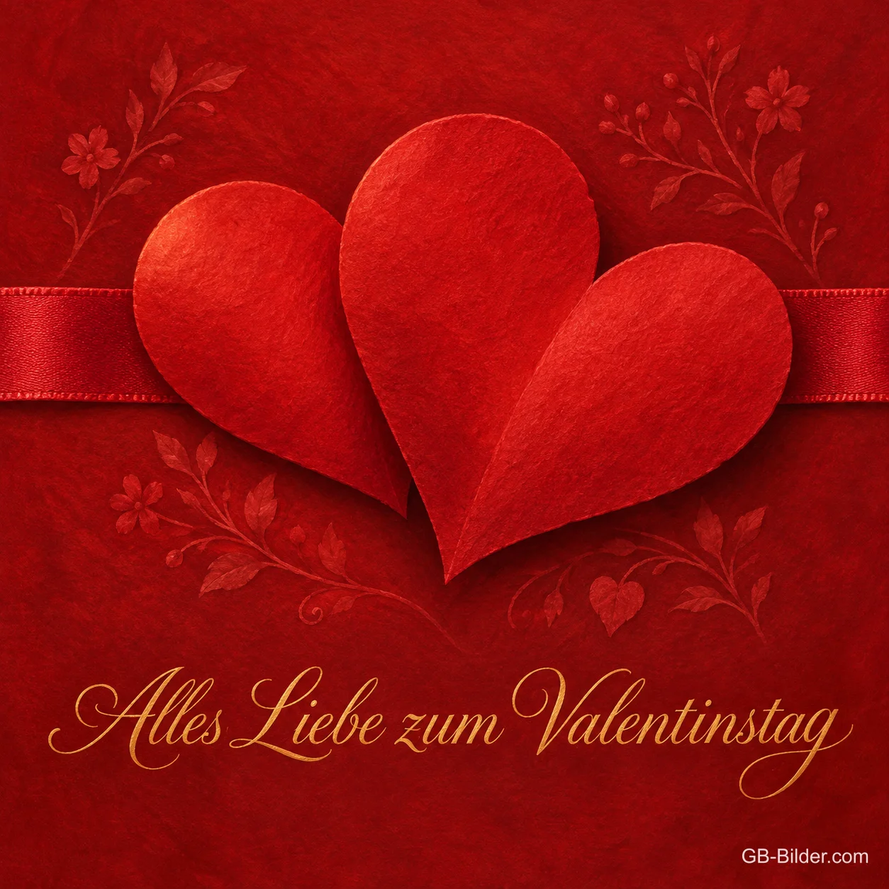 Zwei rote Herzen auf rotem Grund, Text: Alles Liebe zum Valentinstag