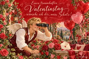 Geflügelter Mann mit Fernglas zwischen Rosen und Herzballons, Text: Einen traumhaften Valentinstag – wünsche ich dir, mein Schatz!