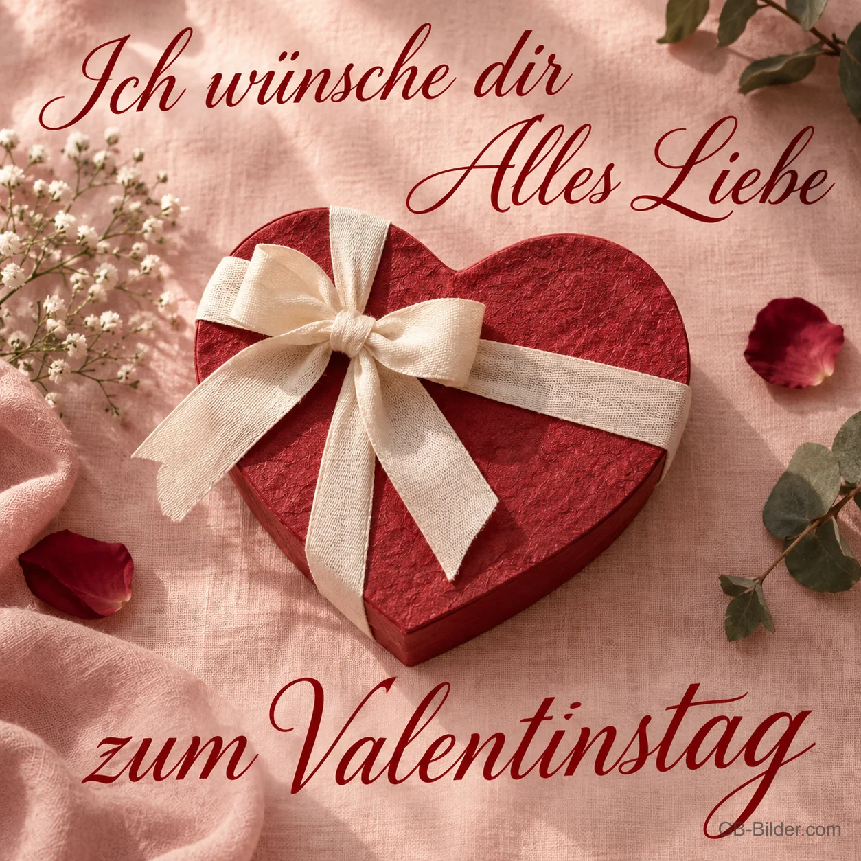 Rote herzförmige Schachtel mit cremefarbener Schleife, Text: Ich wünsche dir Alles Liebe zum Valentinstag