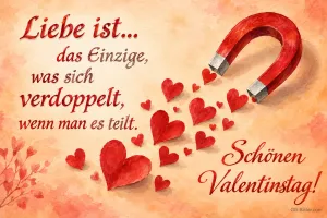 Roter Magnet zieht viele rote Herzen an, Text: Liebe ist… das Einzige, was sich verdoppelt, wenn man es teilt. Schönen Valentinstag!