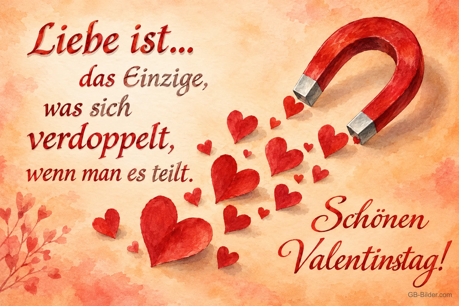 Roter Magnet zieht viele rote Herzen an, Text: Liebe ist… das Einzige, was sich verdoppelt, wenn man es teilt. Schönen Valentinstag!
