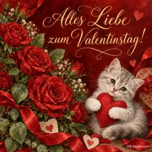 Kätzchen mit rotem Herz zwischen roten Rosen, Text: Alles Liebe zum Valentinstag!