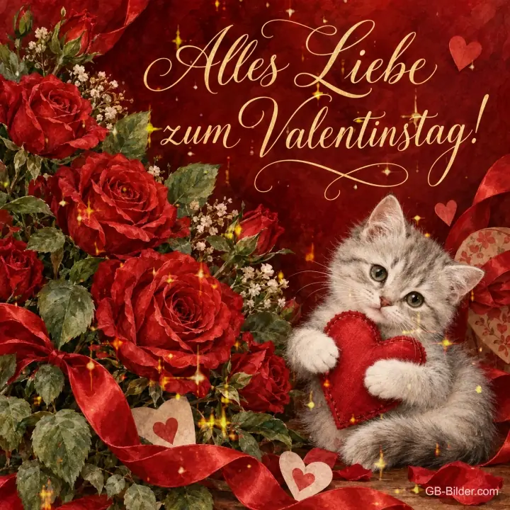 Kätzchen mit rotem Herz zwischen roten Rosen, Text: Alles Liebe zum Valentinstag!