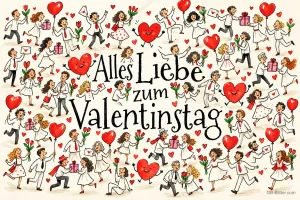 Viele gezeichnete Menschen laufen mit roten Herzballons und Briefen, Text: Alles Liebe zum Valentinstag