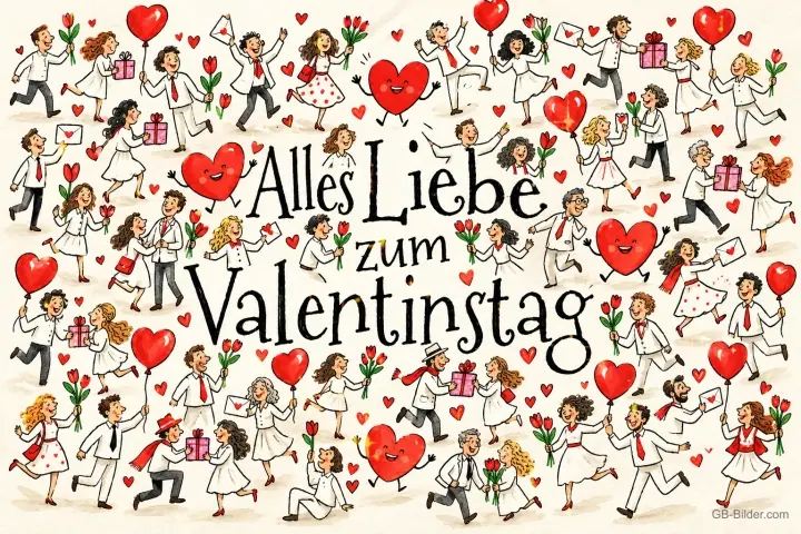 Viele gezeichnete Menschen laufen mit roten Herzballons und Briefen, Text: Alles Liebe zum Valentinstag