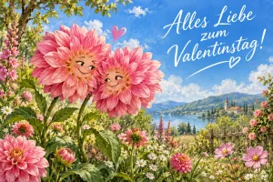 Zwei Dahlien mit Gesichtern in einer Blumenwiese am See, Text: Alles Liebe zum Valentinstag!